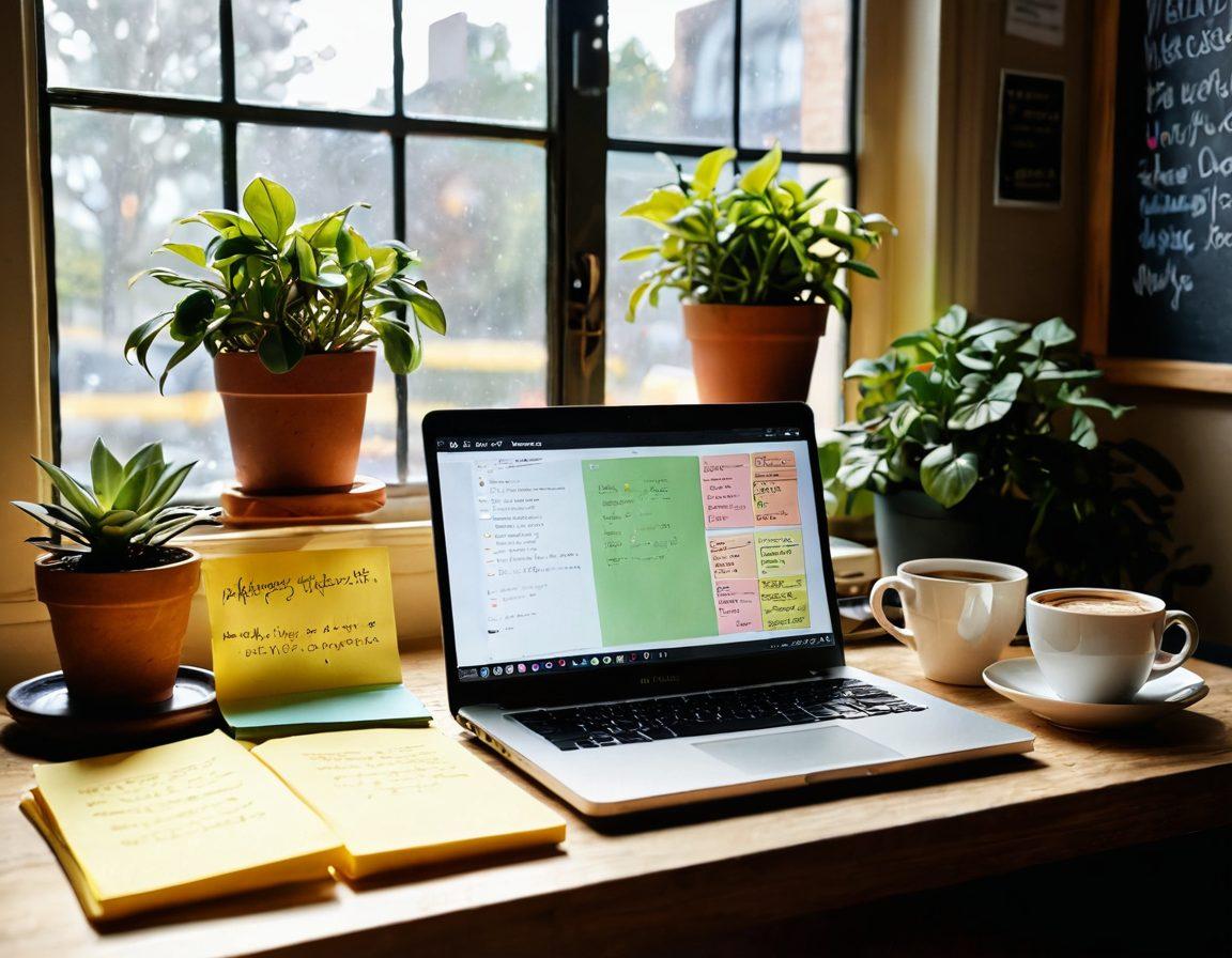 A cozy workspace featuring an open laptop displaying an online journal, surrounded by colorful sticky notes and a steaming cup of coffee. Natural sunlight filters through the window, casting soft shadows, while a potted plant adds a touch of greenery. In the background, a chalkboard filled with inspiring quotes and engagement tips. warm colors, inviting atmosphere, super-realistic.