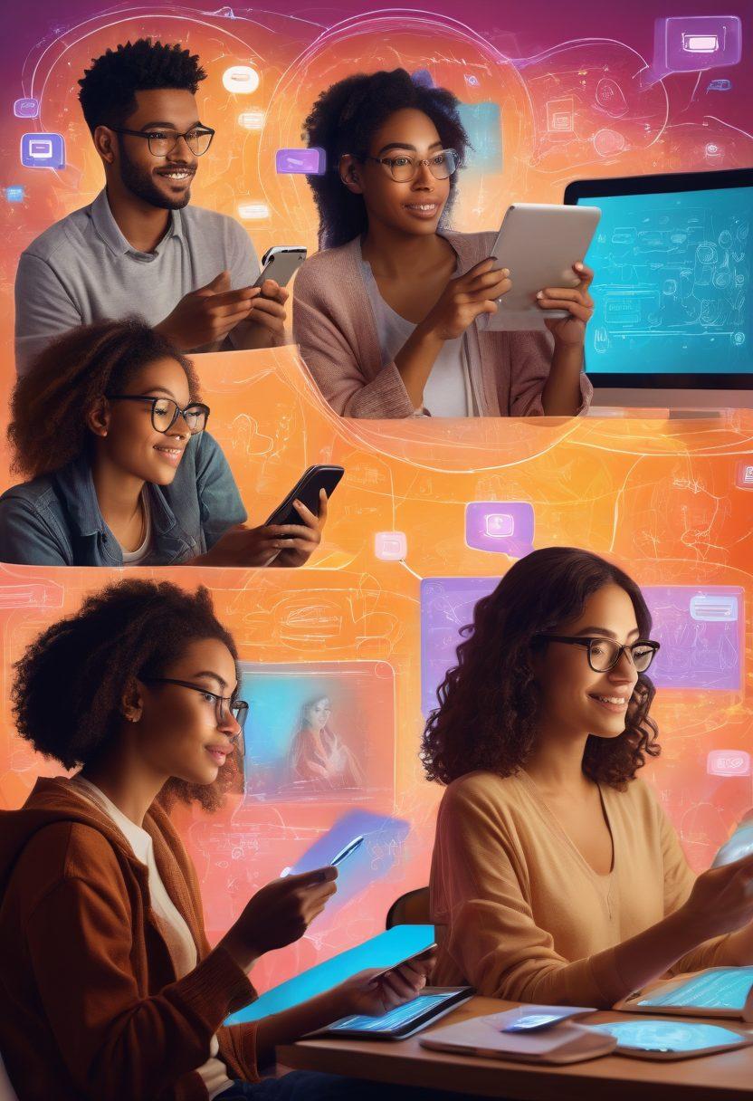 A collage of diverse people writing in their digital diaries on various devices, depicting an engaged online community. Elements like chat bubbles, glowing screens, and creative doodles should float around them, showcasing connectivity and insights. Soft, warm lighting to evoke a sense of intimacy and reflection. super-realistic. vibrant colors.